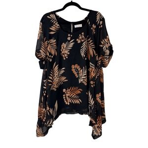 Estelle 4X Boho Minimalist Leaf Print Tunic Top Black Relaxed Earthy Artsy Flowy
